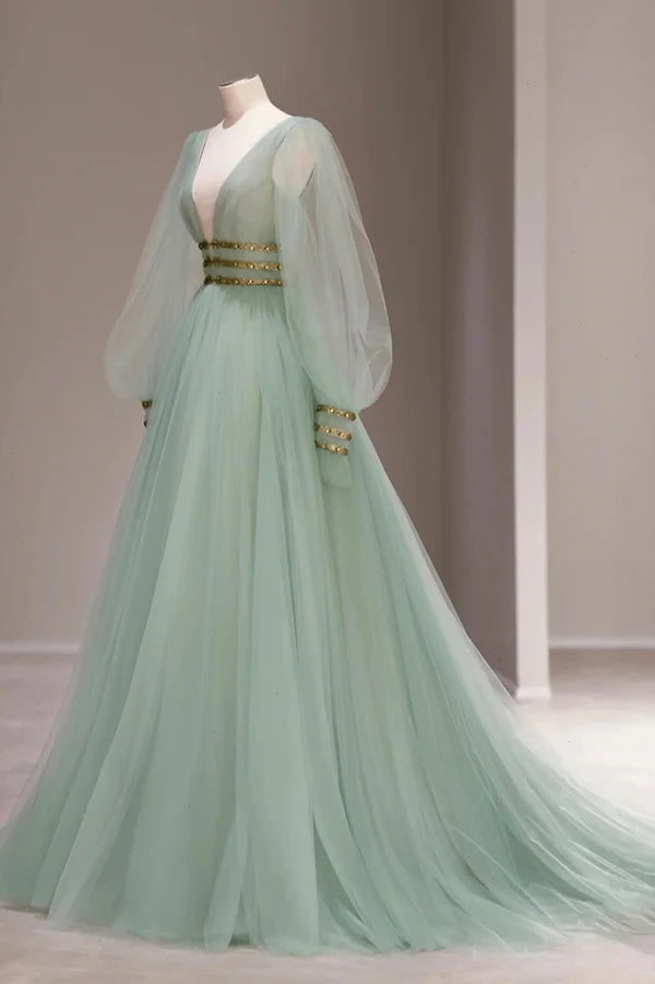 Wholesale Green Tulle Long Prom Dress with Sequins Green Long Sleeve Evening Party Dress